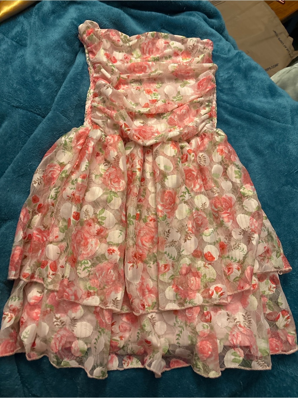 SHEIN Pink Floral Strapless Tiered Girls Party Dress